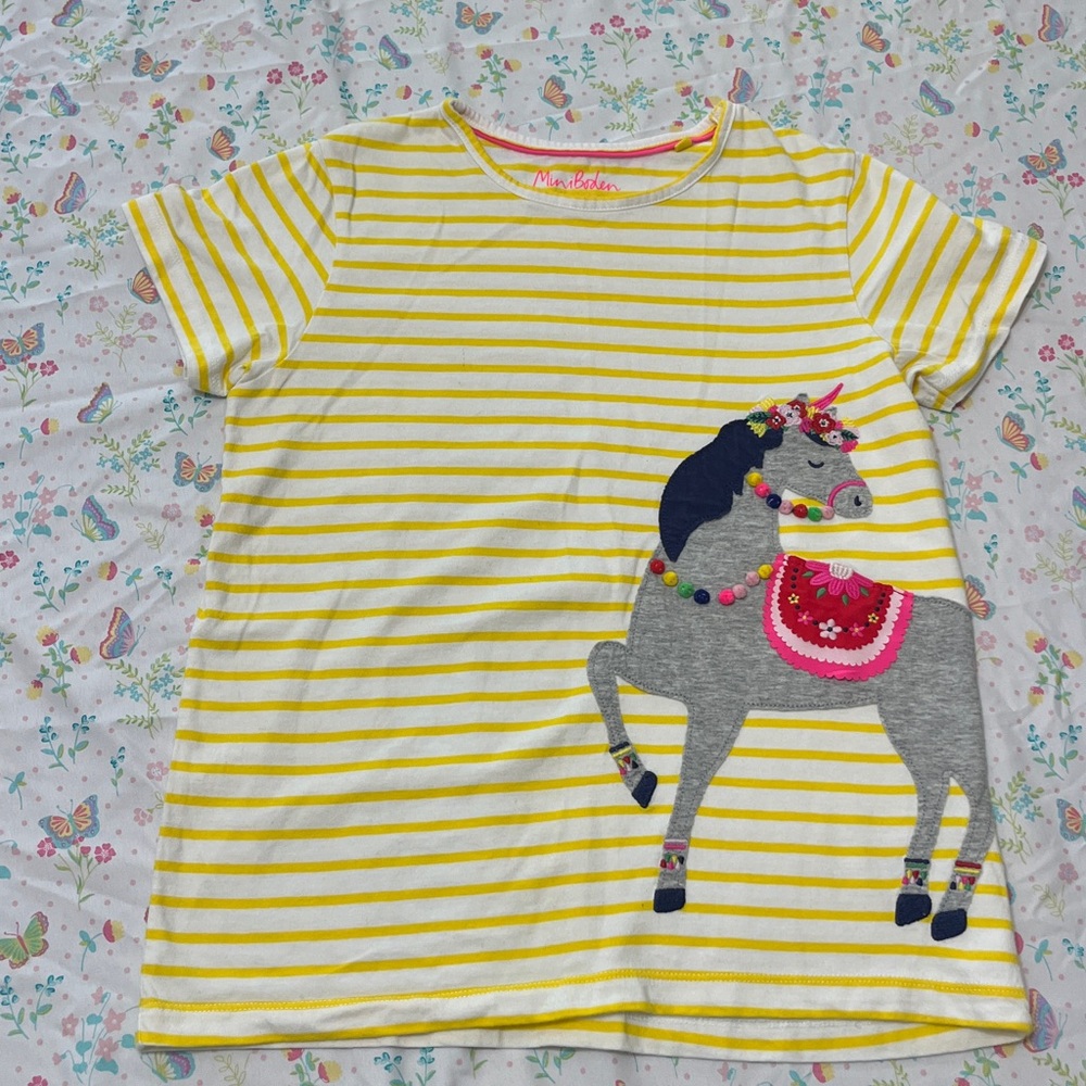 Mini Boden Yellow Striped Tee with Unicorn Design